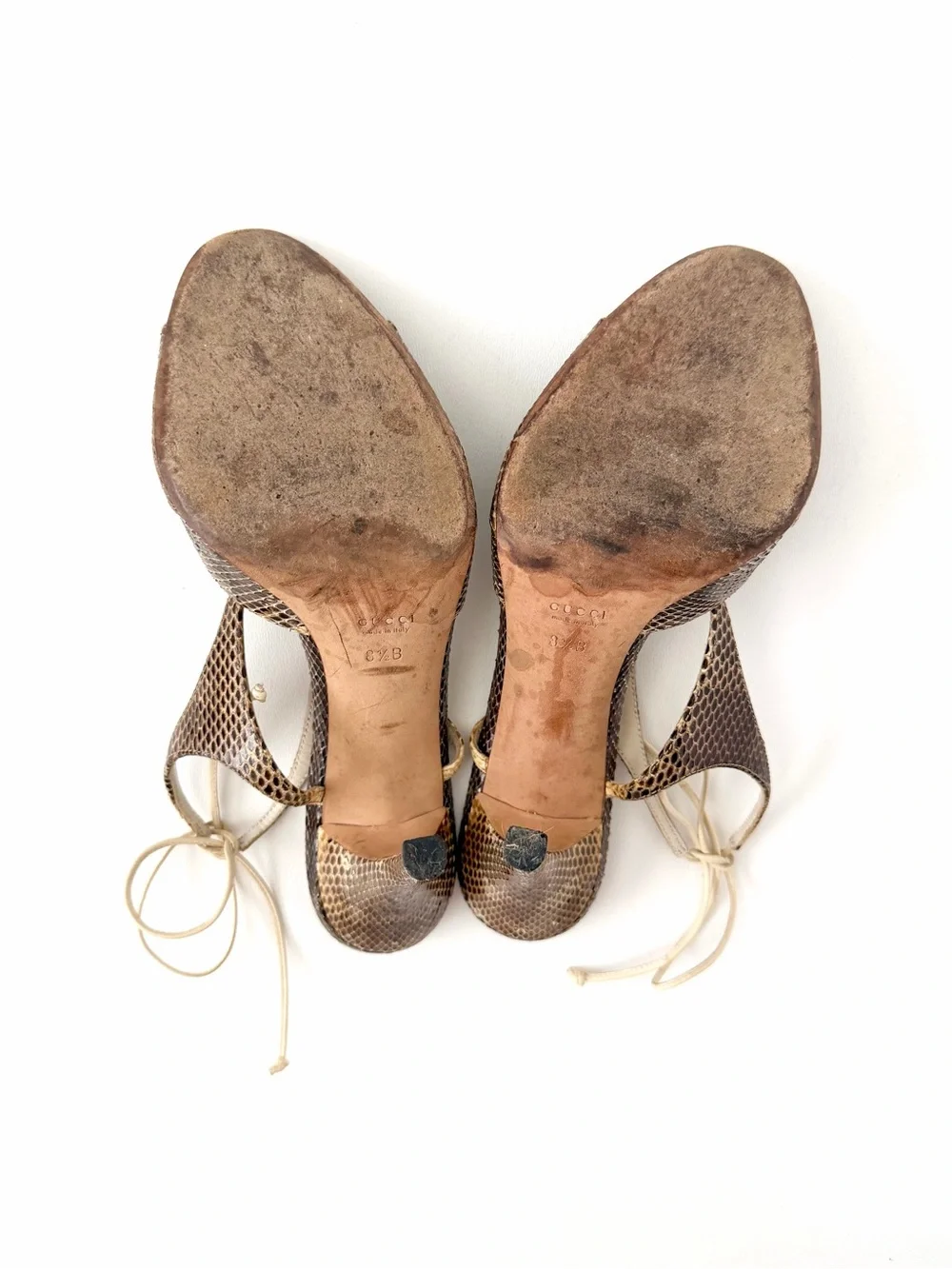 GUCCI | Vintage Snakeskin Bow Ankle Tie Stiletto Sandal Heels Brown Size 8.5B